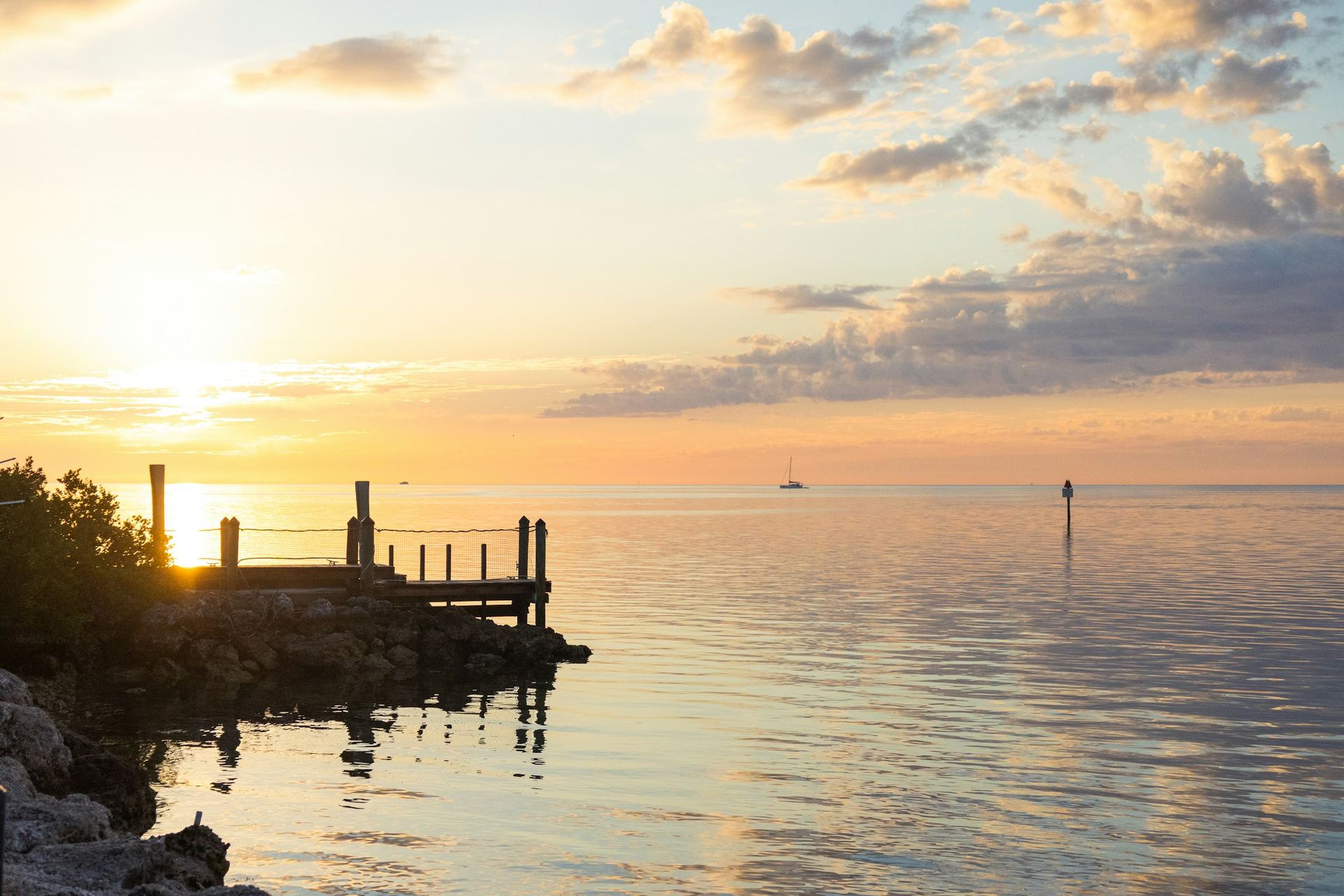A small wooden dock on calm water at sunrise, with palms along the shore