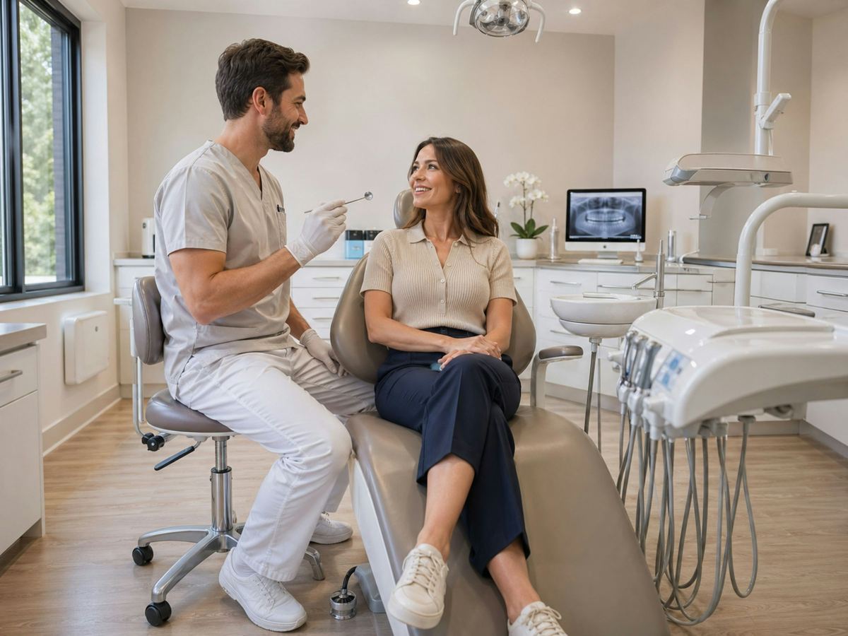 A dentist talks with a patient seated in the chair of a bright dental office